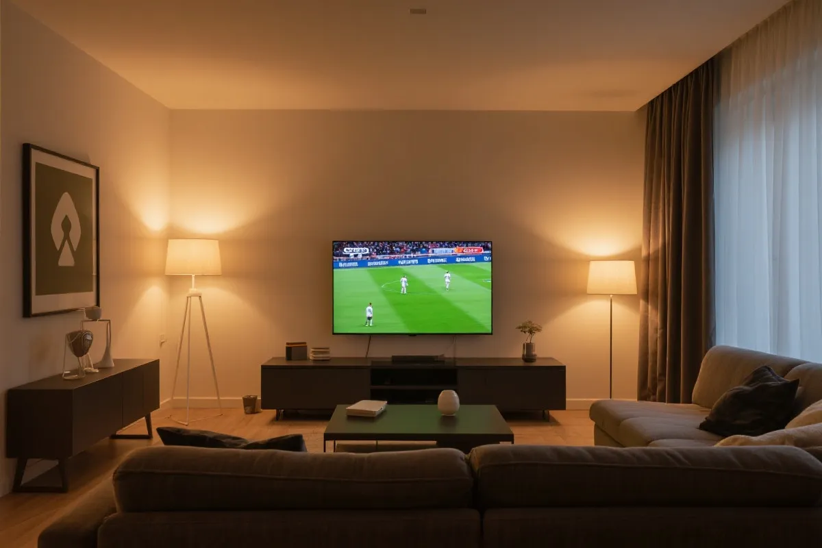 在客厅通过电视观看足球比赛的示意图