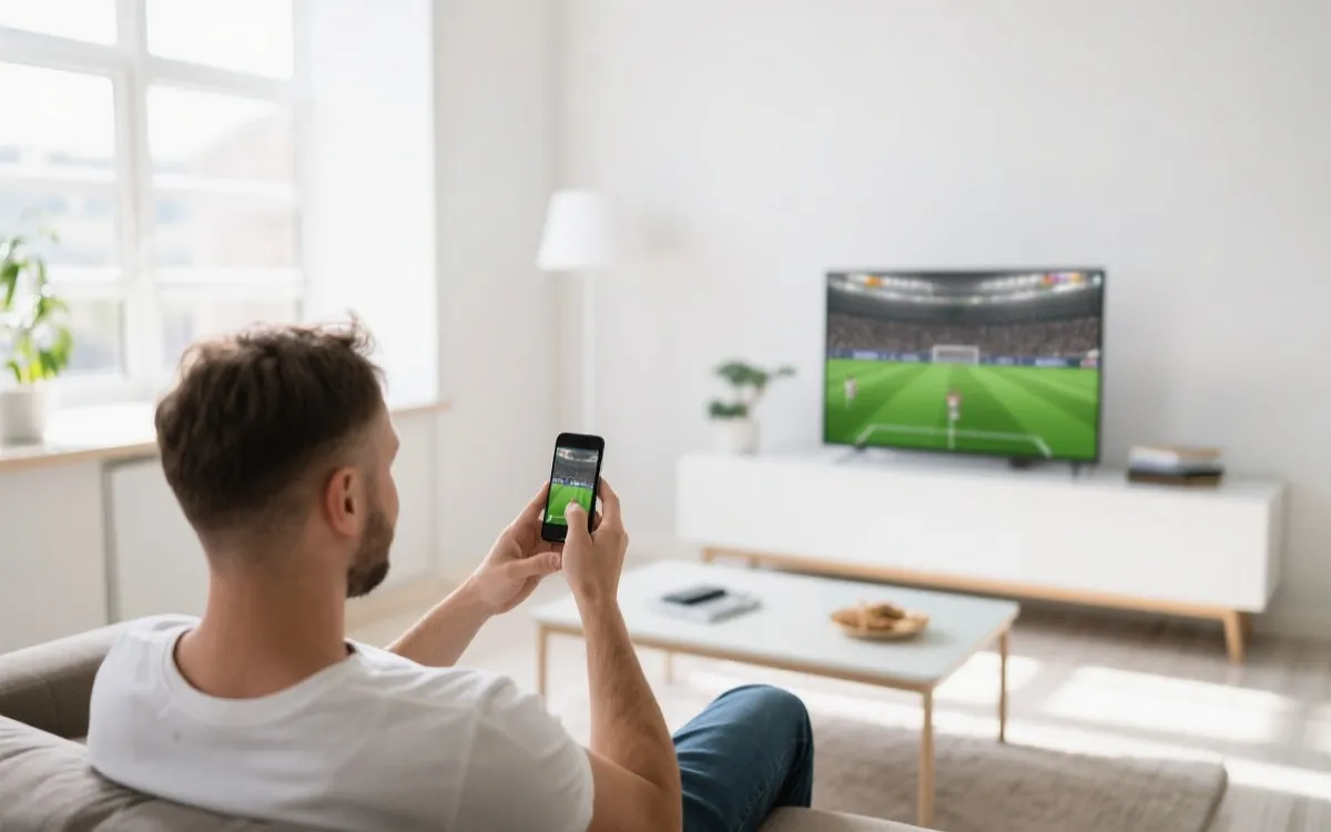 电视观看比赛画面、手机播放中文解说的家庭场景示意