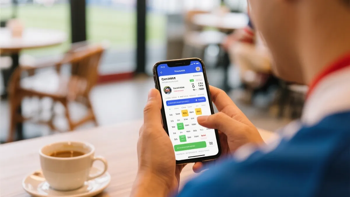 球迷在手机上查看赛程与门票信息的场景，干净明亮