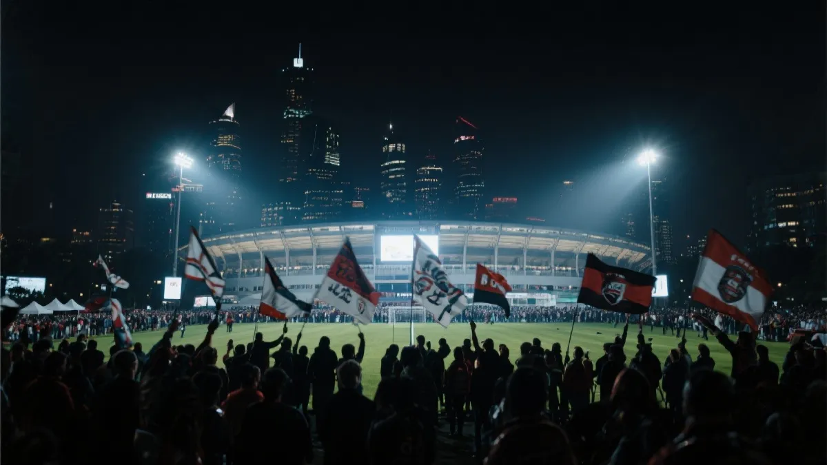 夜晚球场外的球迷潮与城市天际线，灯光与旗帜氛围感